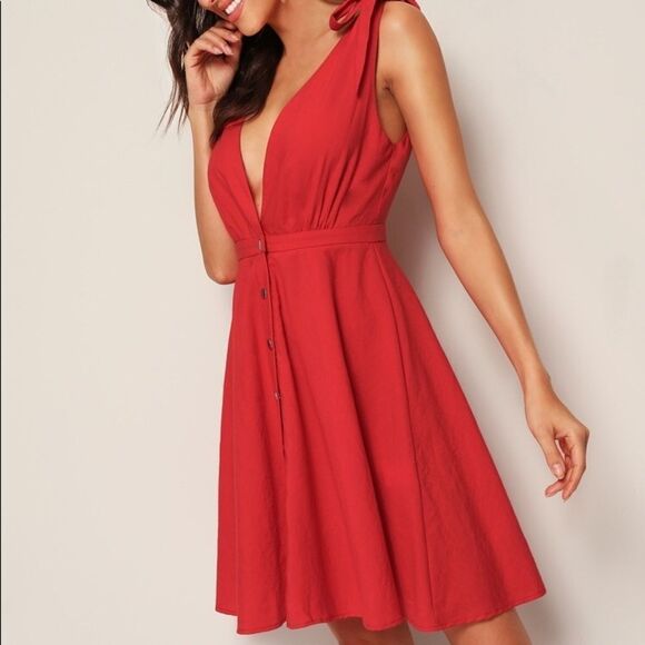 ✨HP✨Tie Strap Plunging Button Up Skater Dress✨ - Picture 2 of 6